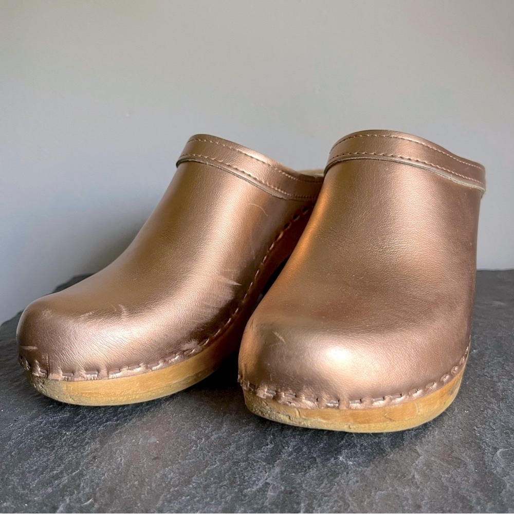 No. 6 Clogs, rose gold leather wood heels. Size 37 / 6.5 GUC